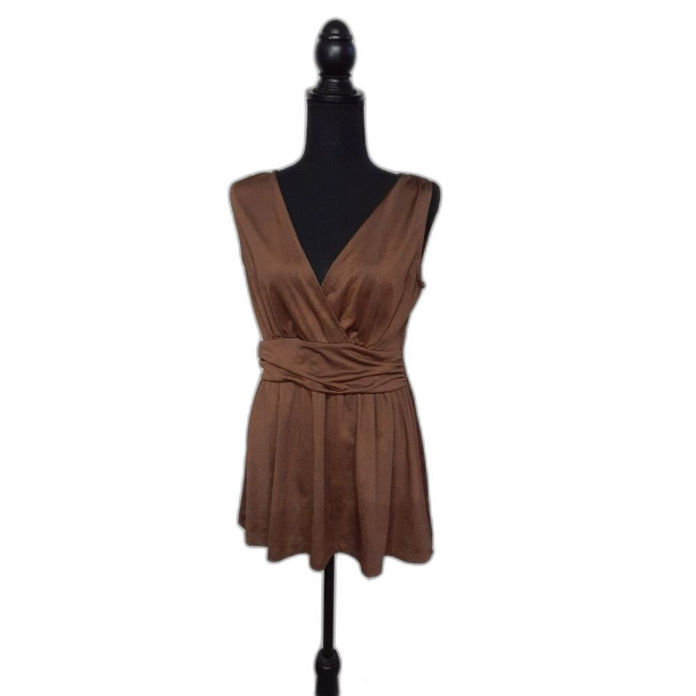 Women's Brown V-Neck Sleeveless Ruched Top Blouse Size M #371
